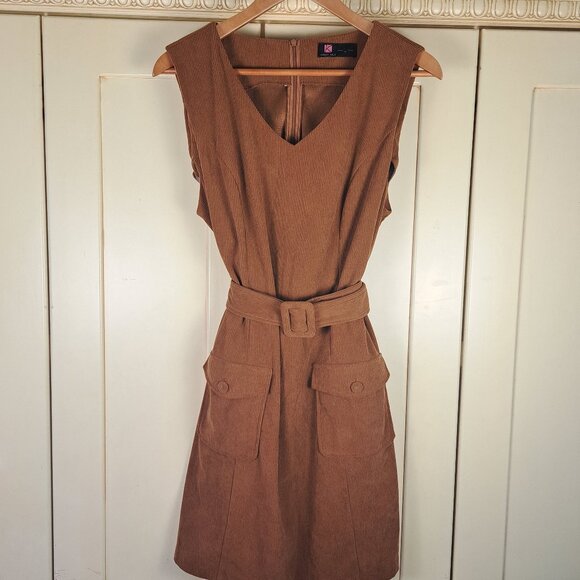 Kancy Kole Brown Corduroy Bib Overall Belted Midi Dress Size Lg - Picture 1 of 10